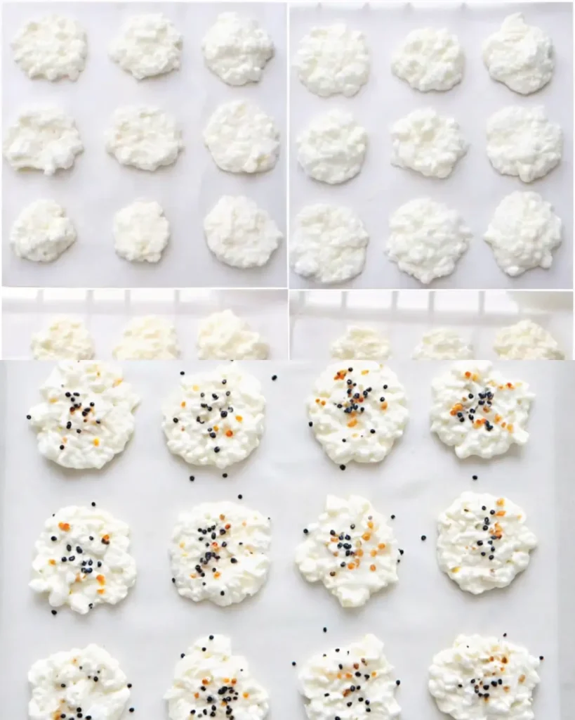 A collage of four images showing the steps to make Cottage Cheese Chips: spraying oil on parchment, adding cottage cheese, seasoning, and baked chips.