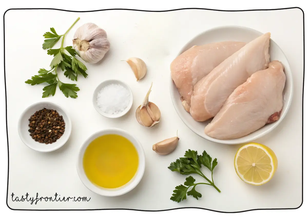 Ingredients for an 8 oz chicken breast recipe.