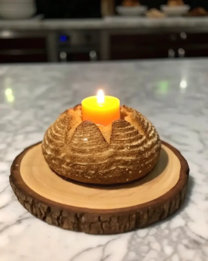 Viral butter candle with roasted garlic served with crusty bread on a rustic platter