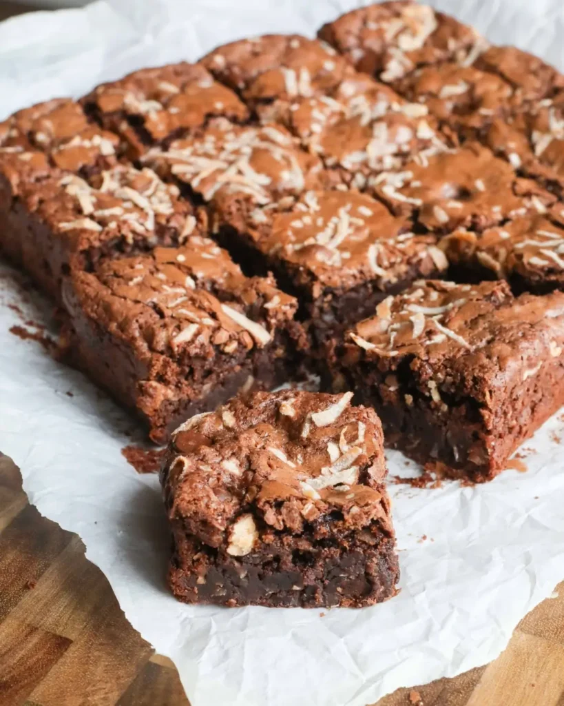 Sliced coconut brownies garnished with desiccated coconut and melted chocolate drizzle, arranged on a white marble surface with tropical leaves.