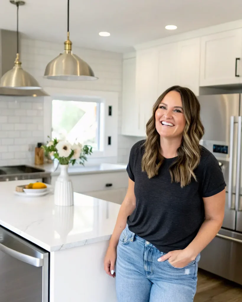 Emily Walker, the owner of Tasty Frontier, smiling in her kitchen with a bowl of fresh ingredients, ready to cook a delicious meal.