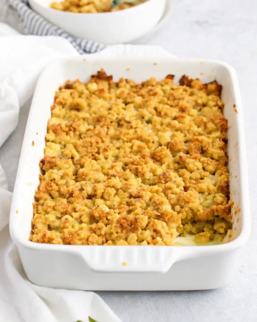 Rotisserie Chicken and Stuffing Casserole served in a baking dish with golden stuffing topping and fresh herbs.