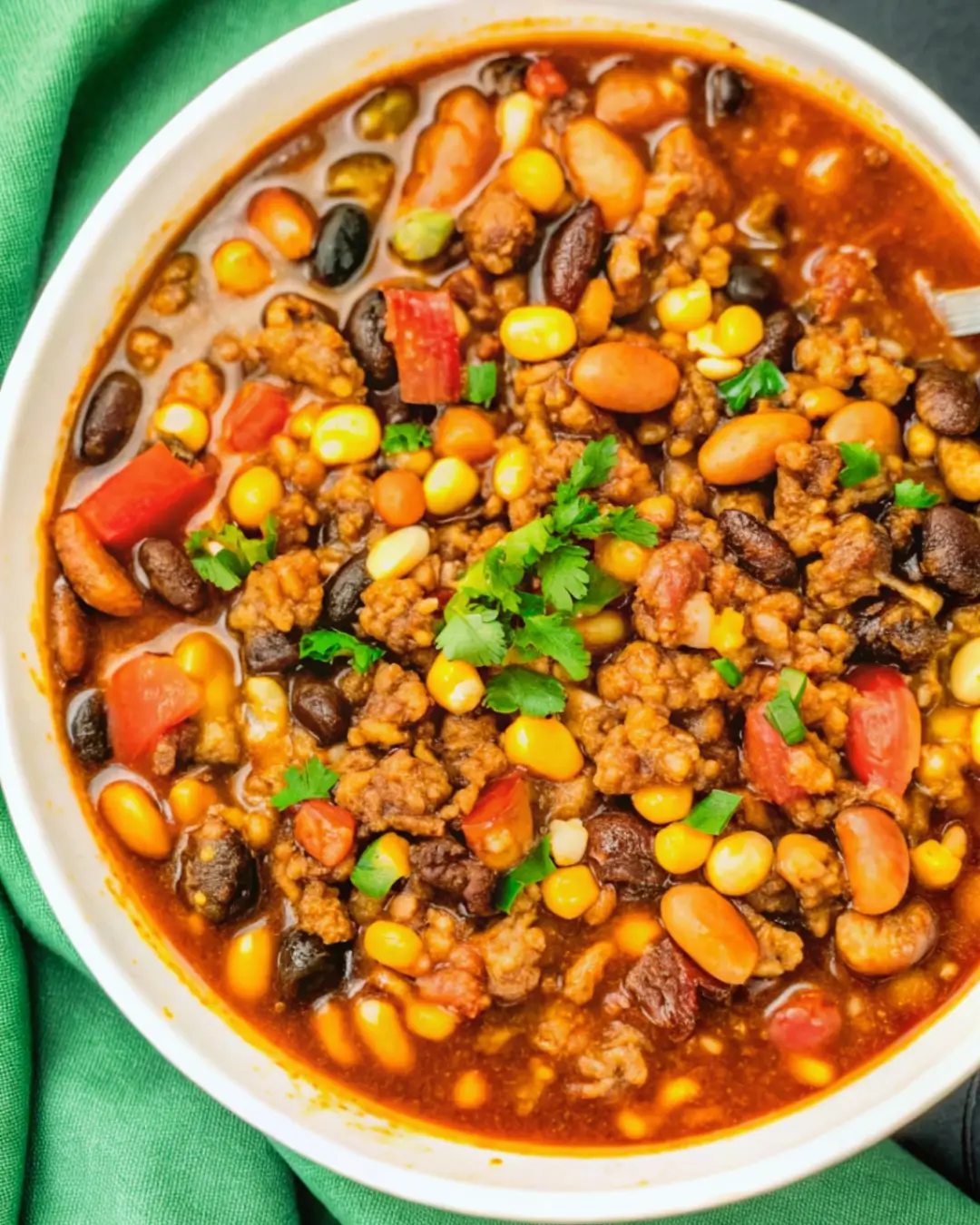 Hearty bowl of Taco Soup Frios with beans, corn, ground beef, and fresh cilantro garnish.