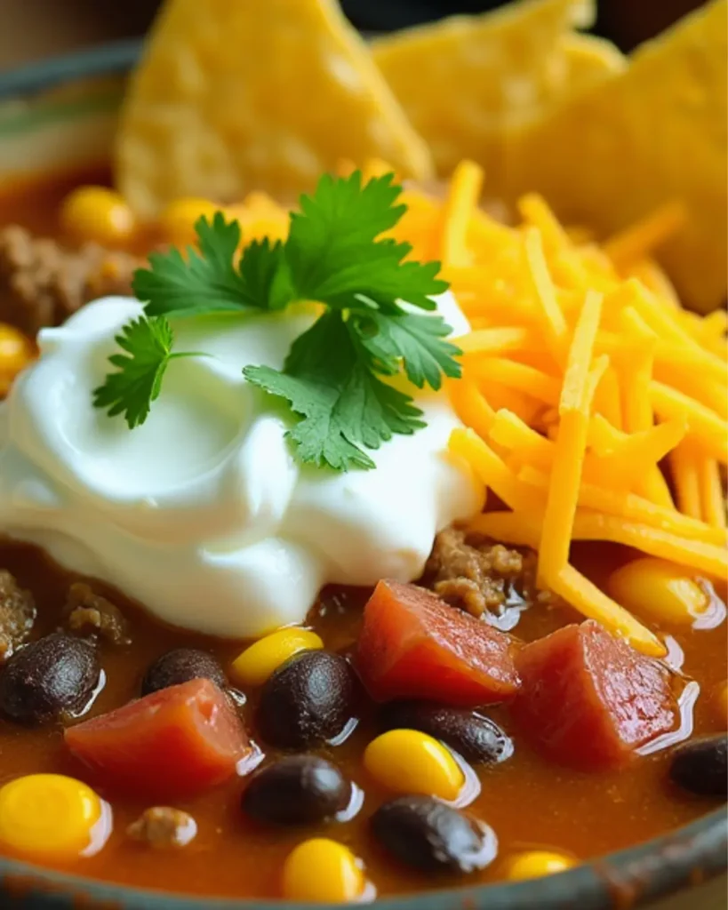 Taco Soup Frios topped with sour cream, shredded cheese, fresh cilantro, and Fritos chips.