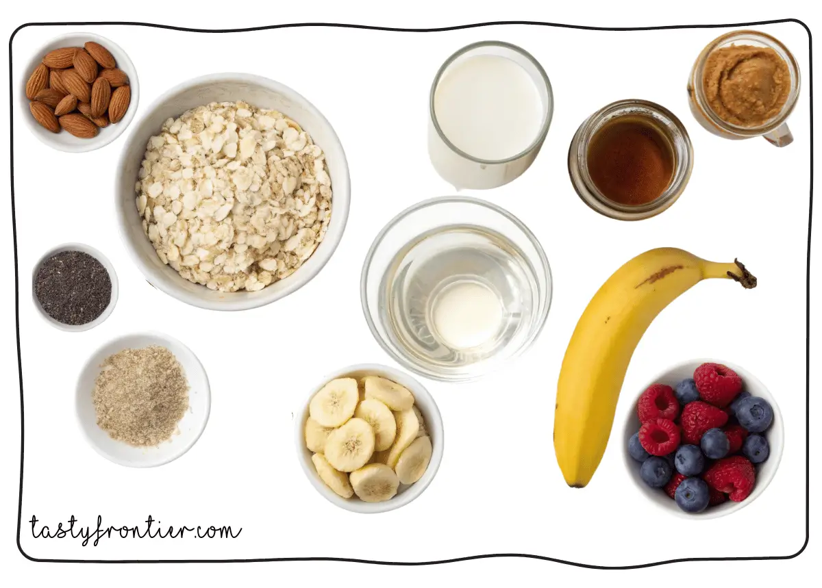 Ingredients for oatmeal with bananas and almonds.