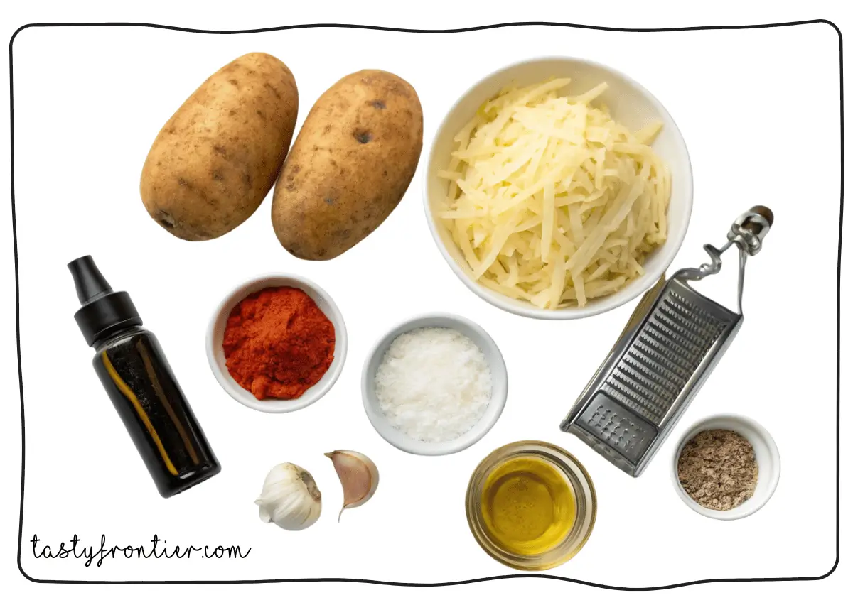 Ingredients for air fryer hash browns with potatoes and seasonings.