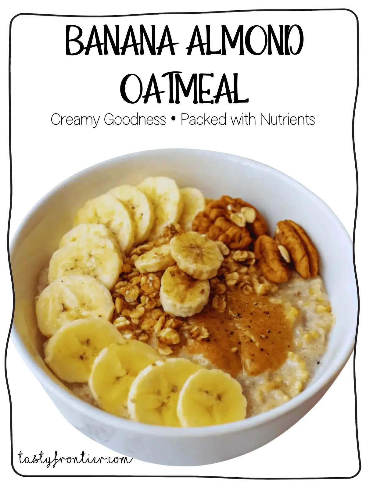 Banana almond oatmeal in a bowl with toppings.