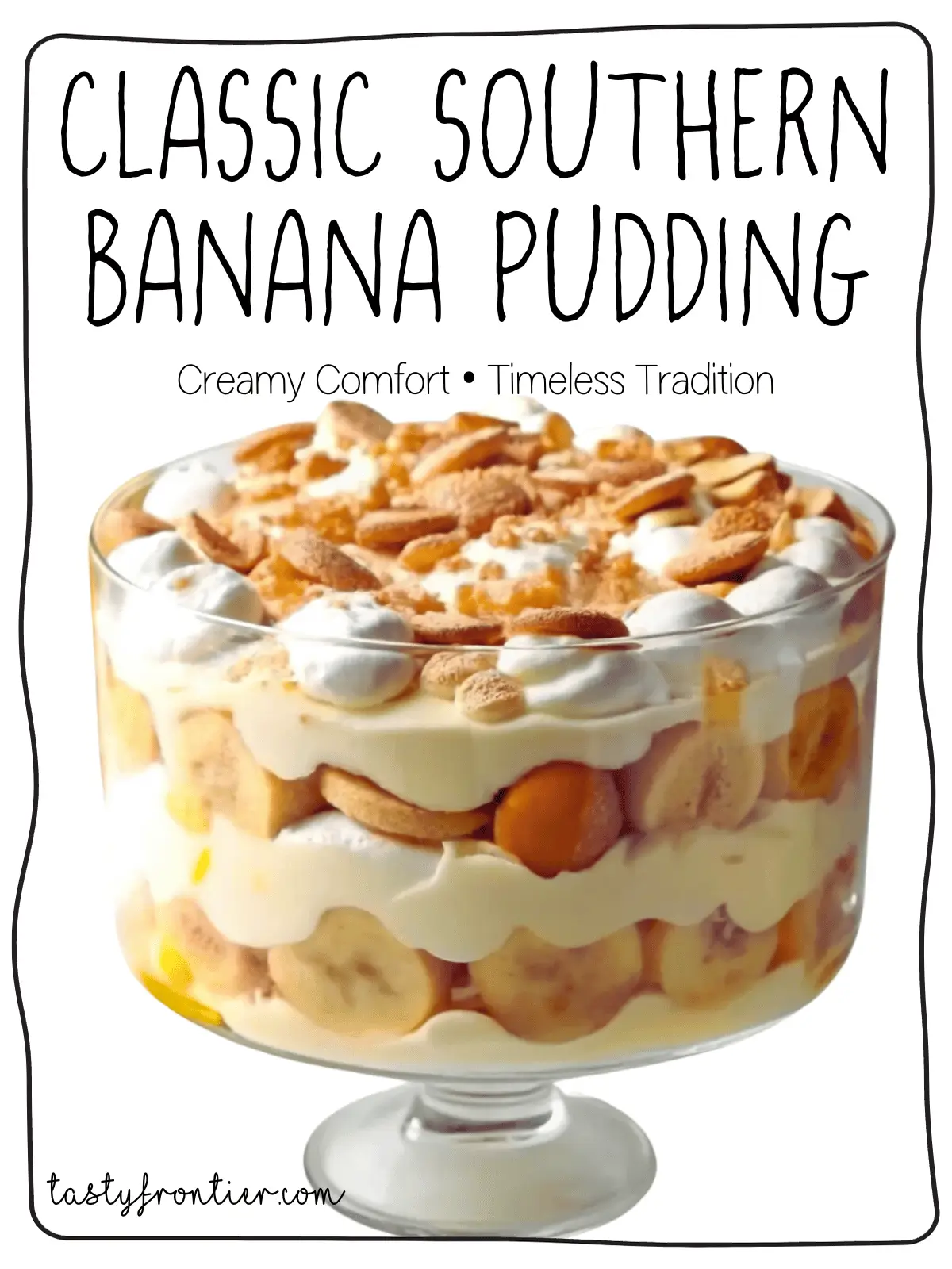 Classic Southern banana pudding with layers of vanilla pudding, bananas, and wafers, topped with whipped cream.