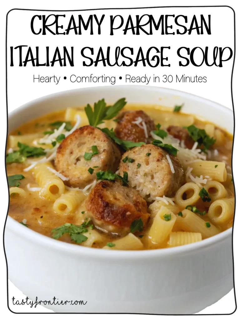 A bowl of creamy Parmesan Italian sausage soup with fresh parsley garnish.