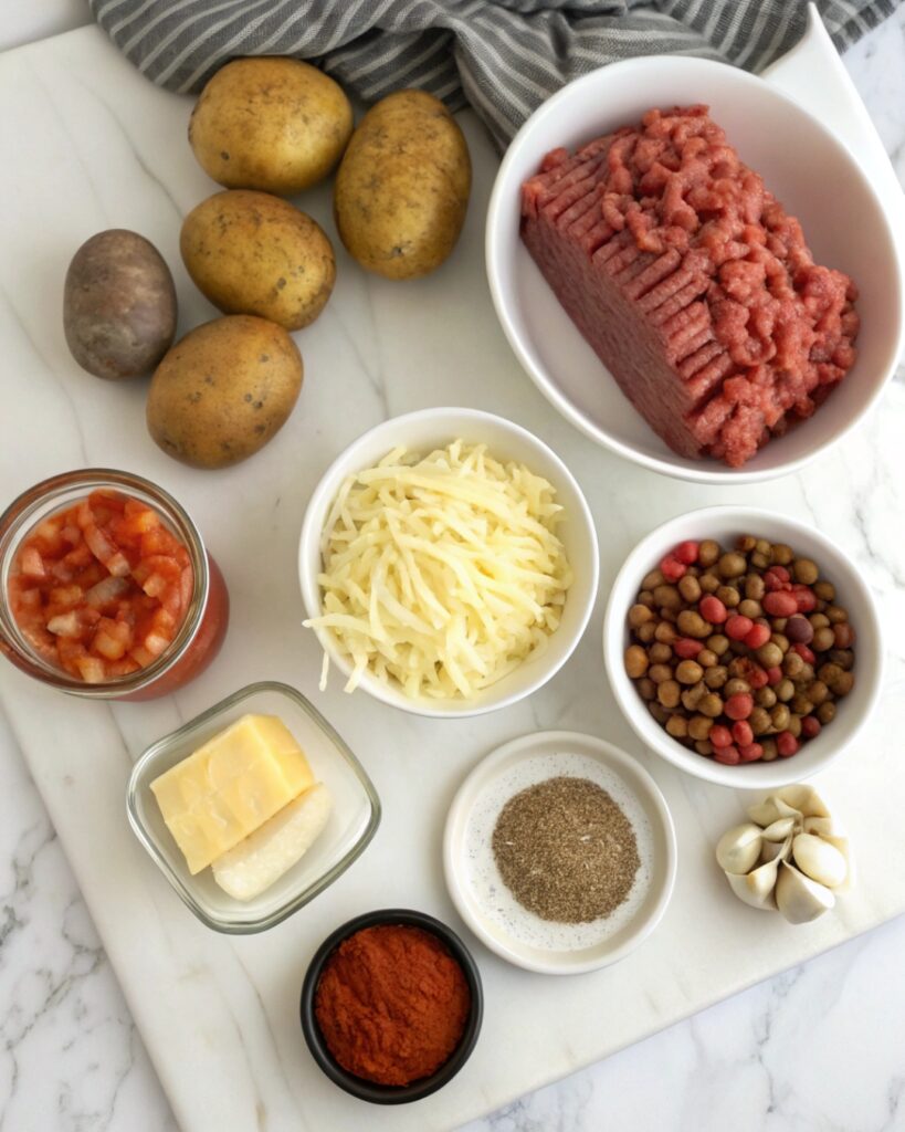 Fresh ingredients for Cowboy Slow Cooker Casserole arranged in a top-down flat-lay.