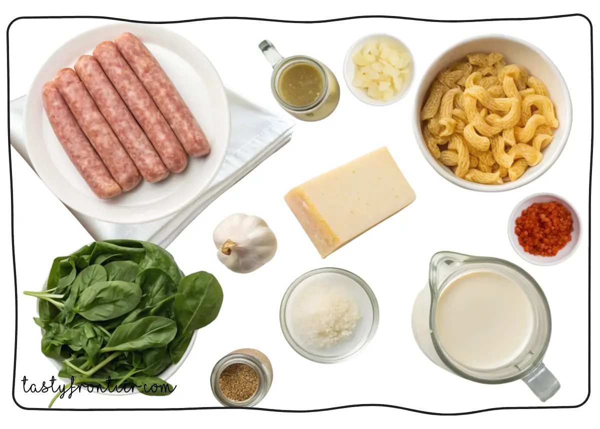 Ingredients for creamy Parmesan Italian sausage soup displayed on a white background.