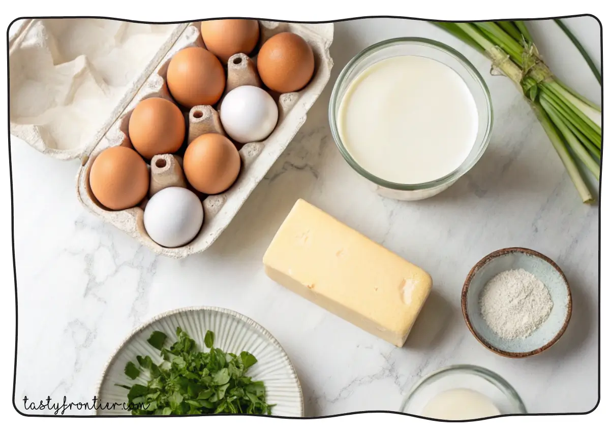 Ingredients for oven-baked scrambled eggs on a marble countertop